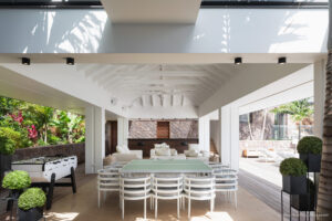 Outdoor dining pavilion with foosball table at Villa Felicita, St. Barts